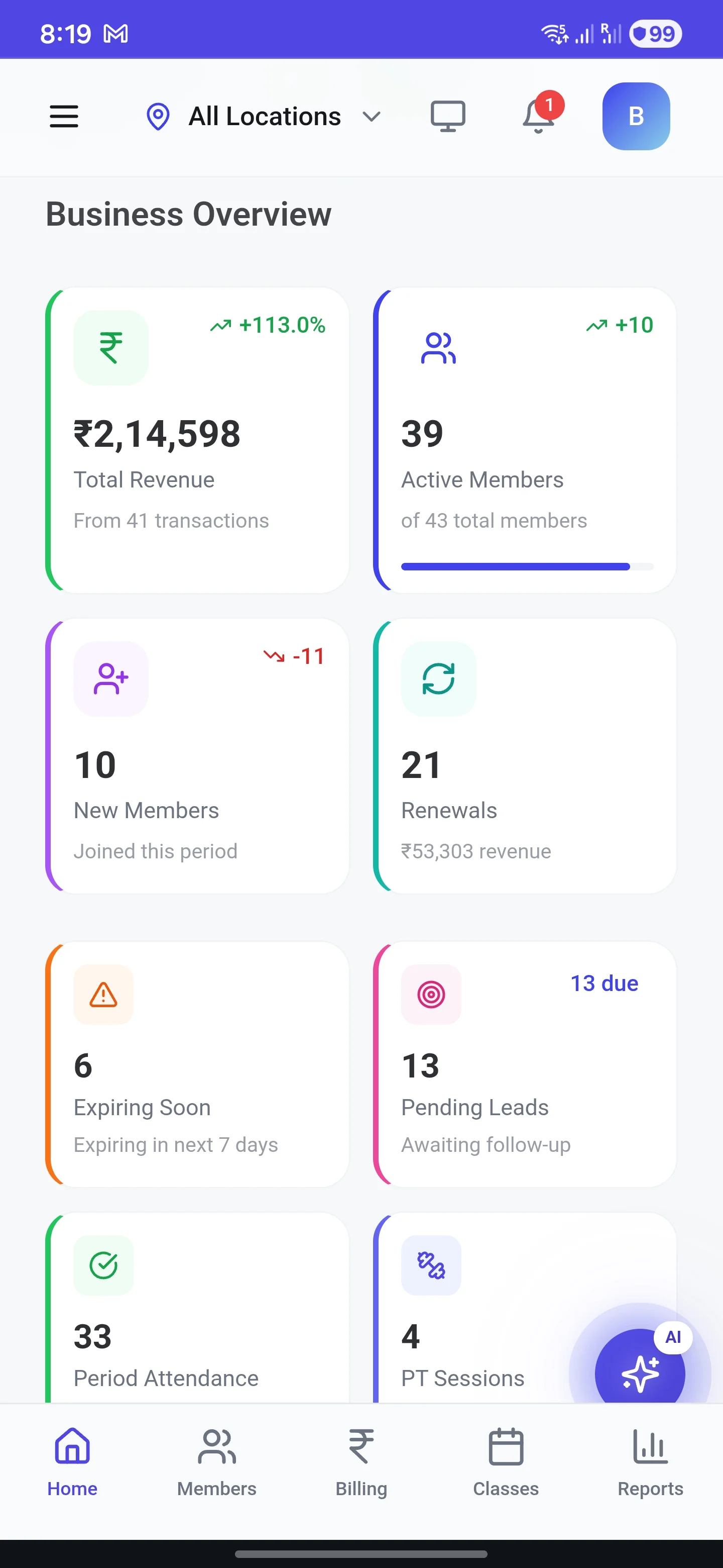 MyGymDesk Business app: the owner dashboard with total revenue, active members, renewals, memberships expiring in the next 7 days and pending leads