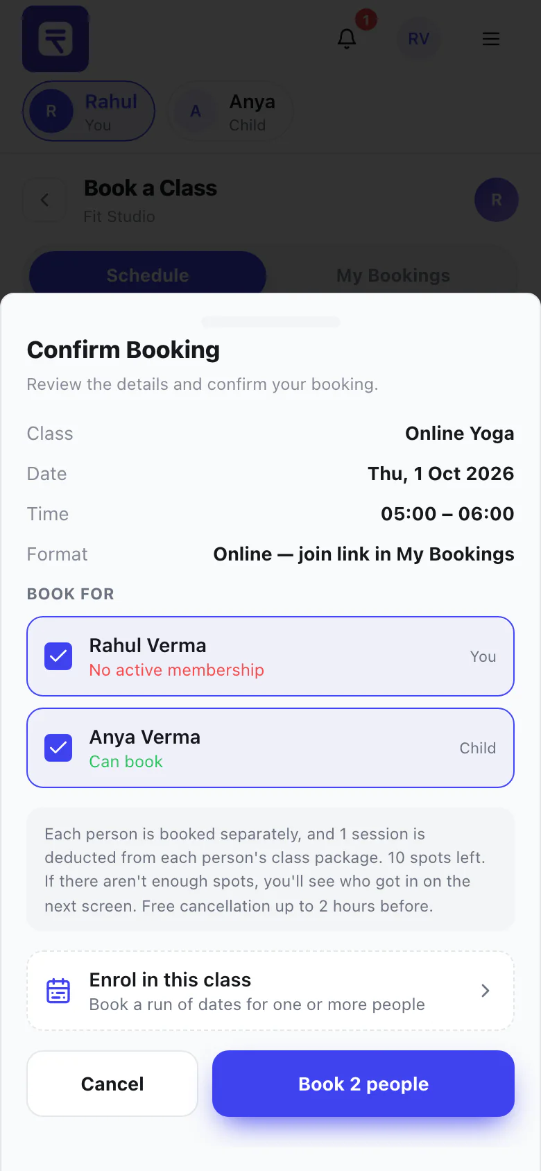 Booking sheet booking a parent and child into one class, each with their own status