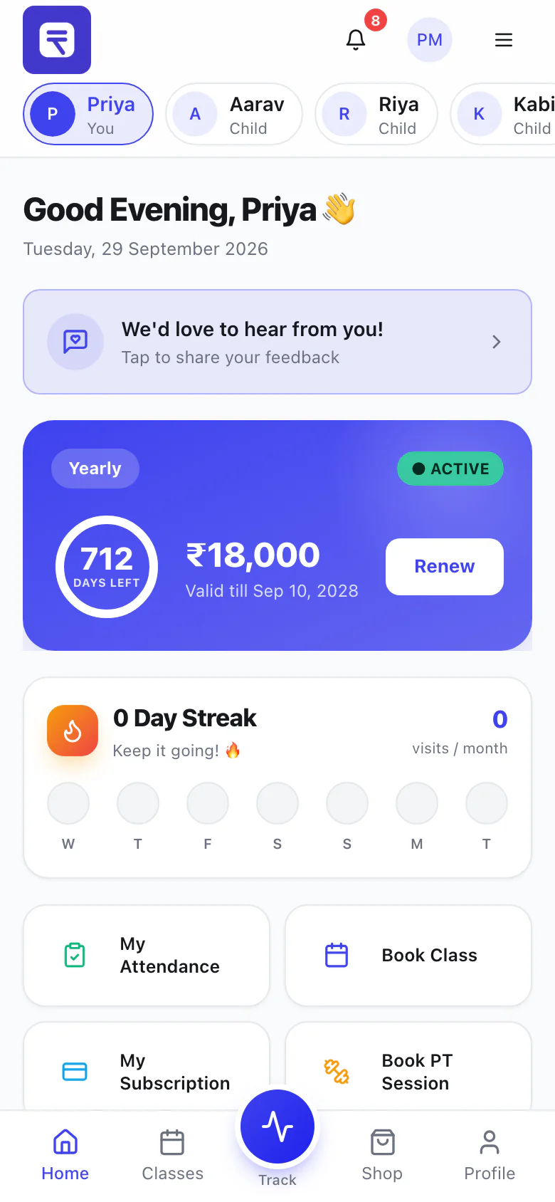 Member app family switcher with the parent and three children