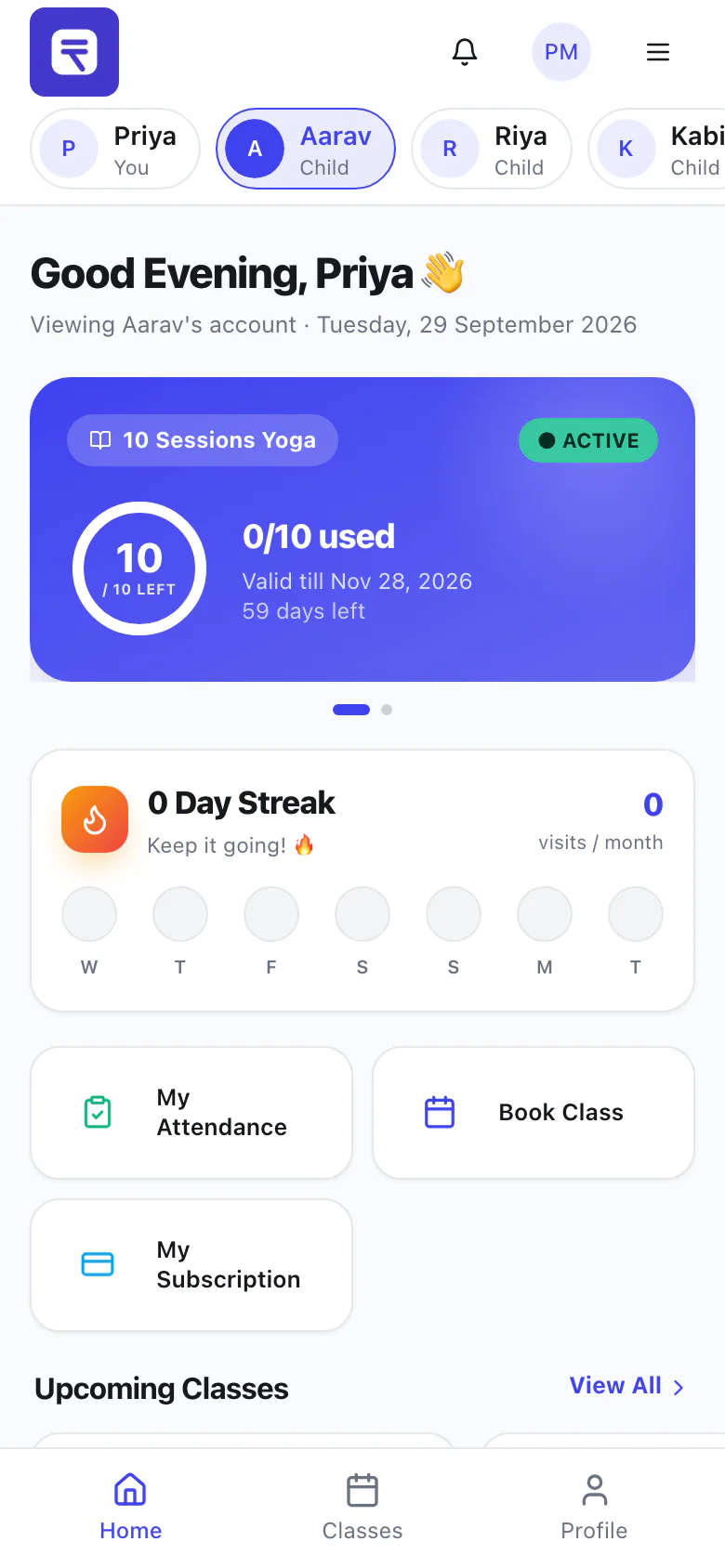 Member app showing a child's class package while the parent views their account