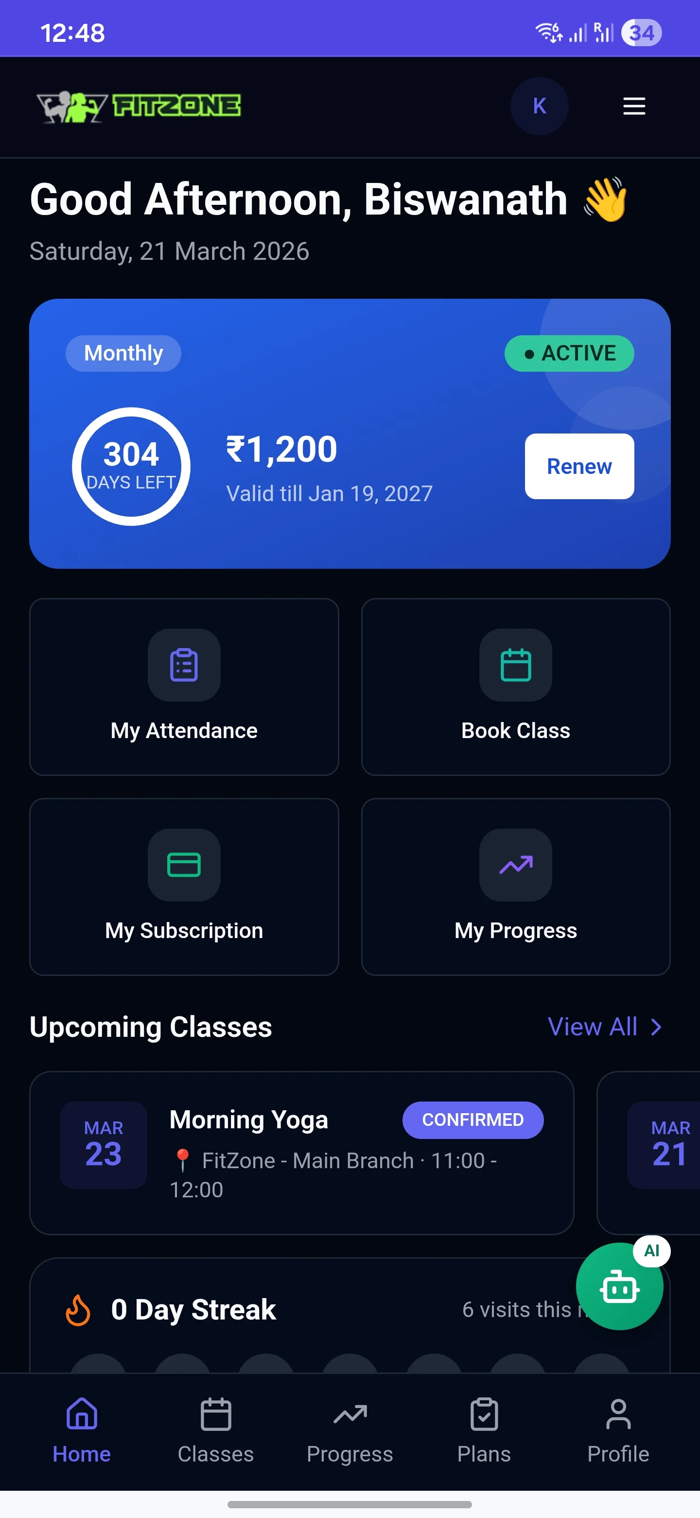 MyGymDesk Member app: a member's home screen with days left on the membership, a Renew button, Book Class and upcoming classes