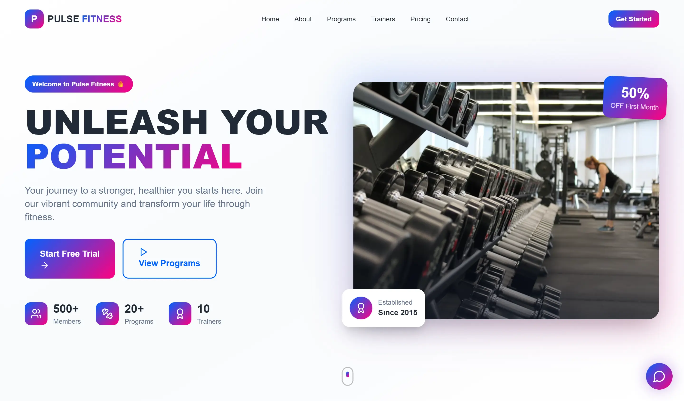 PULSE gym website design, vibrant and energetic, for general gyms