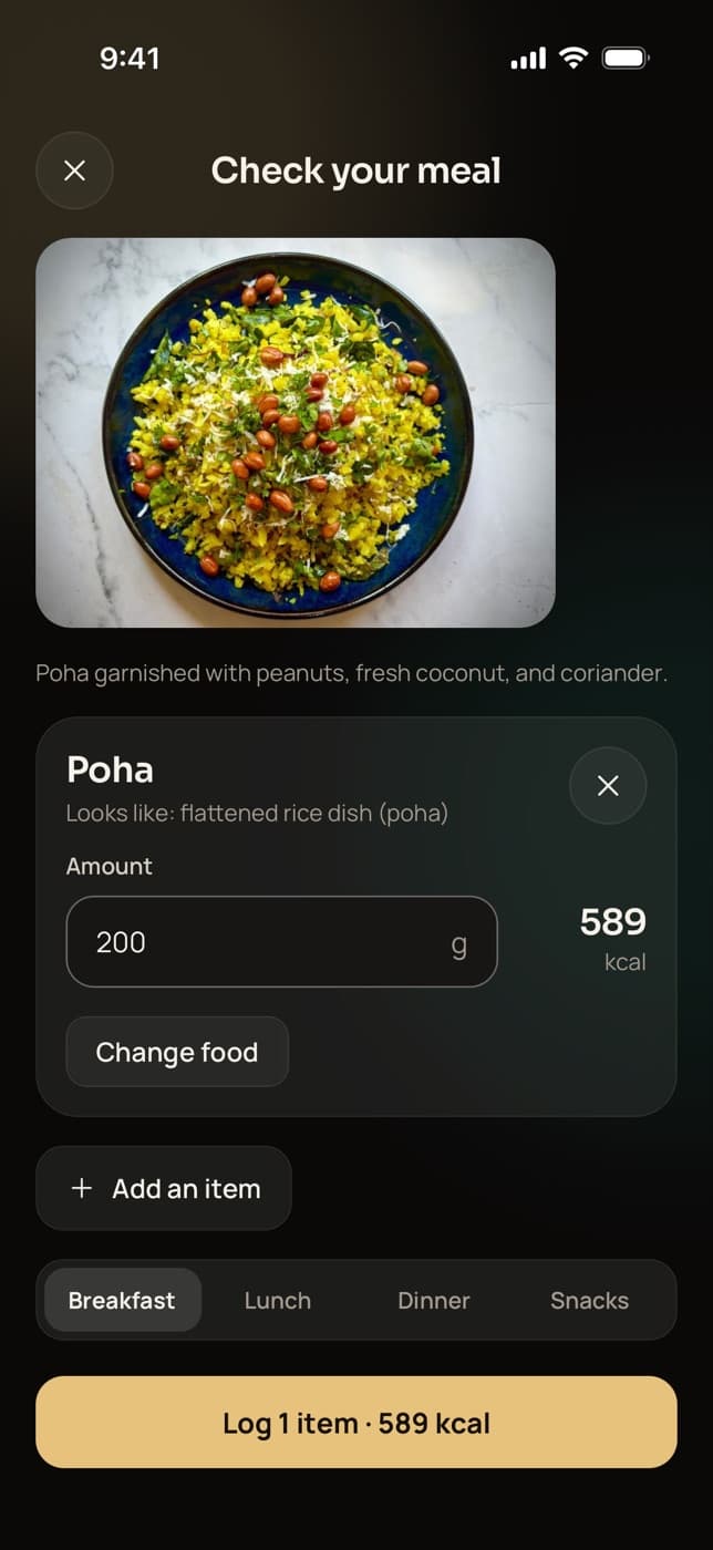 Checking a meal photo in Trainaq: poha recognised from the photo, 200 g at 589 kcal, ready to log as breakfast