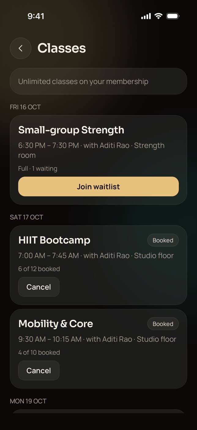 Booking classes in Trainaq: a full small-group strength class with a Join waitlist button, and two booked classes with Cancel buttons