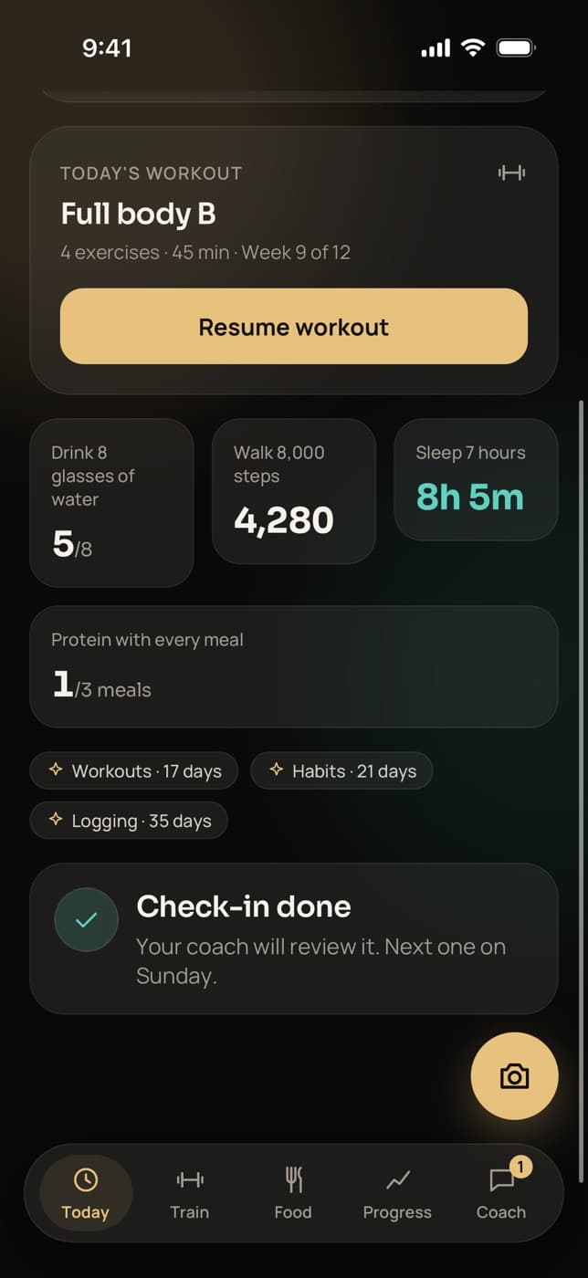 Further down the Trainaq Today screen: habits for water, steps, sleep and protein, streaks of 17 workout days, 21 habit days and 35 logging days, and the weekly check-in done