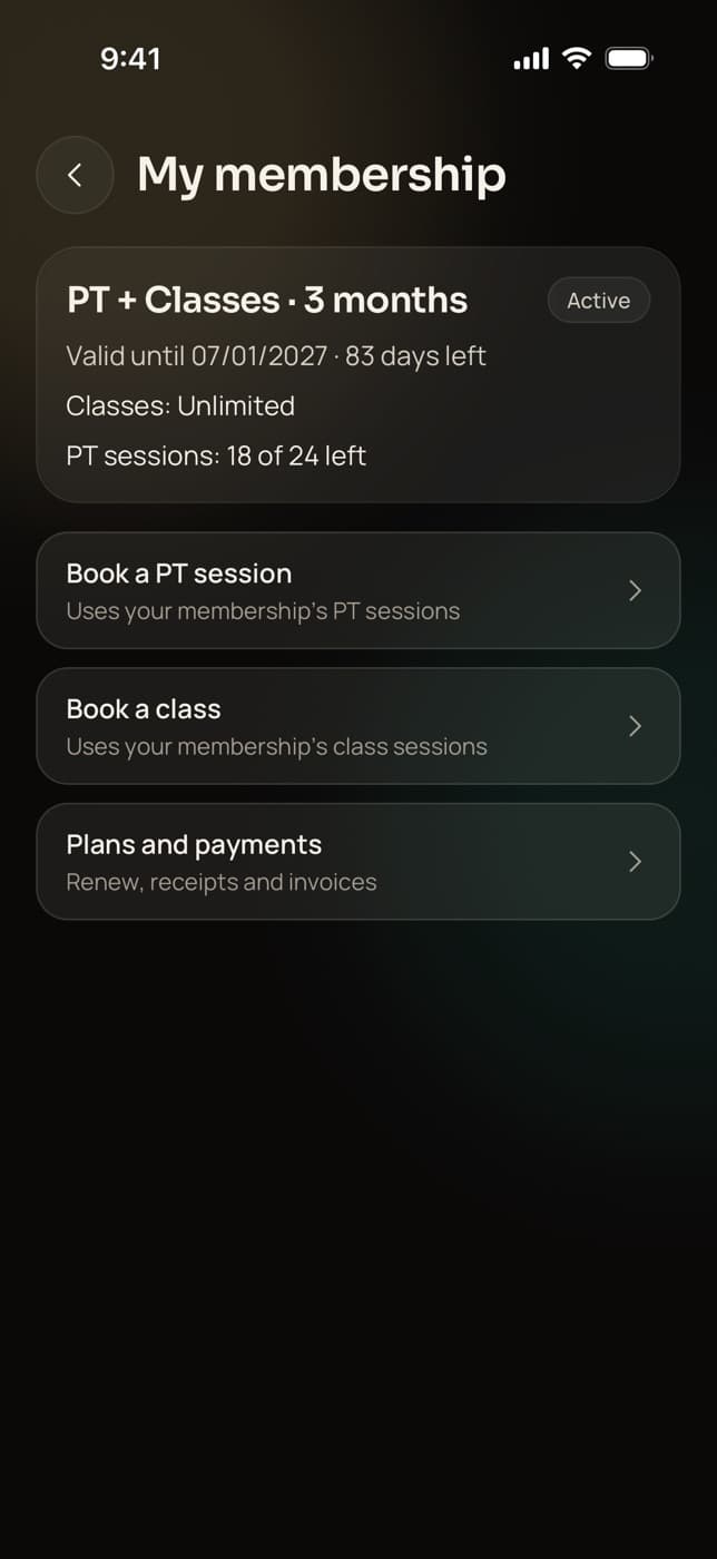 My membership in Trainaq: PT and classes for 3 months, 83 days left, unlimited classes and 18 of 24 PT sessions left, with links to book and to plans and payments