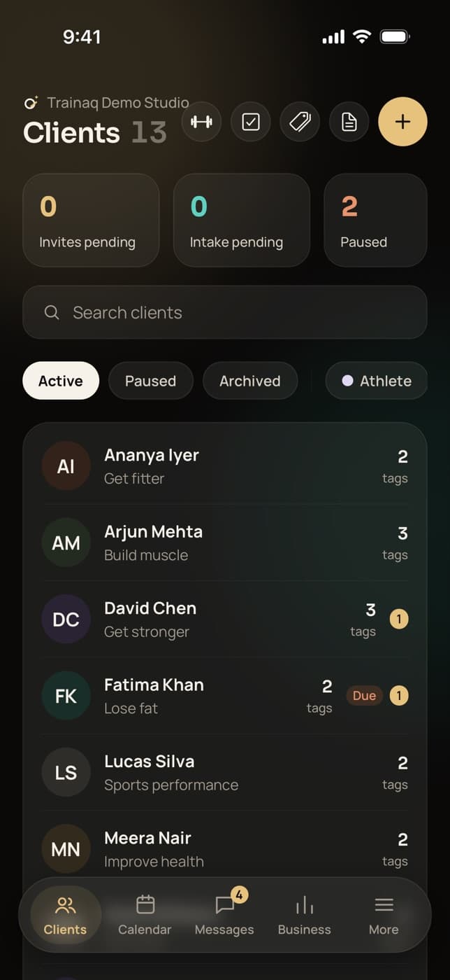 The Trainaq Coach client list: 13 clients with search, Active, Paused and Archived filters, and each client's goal, such as Get fitter, Build muscle and Lose fat
