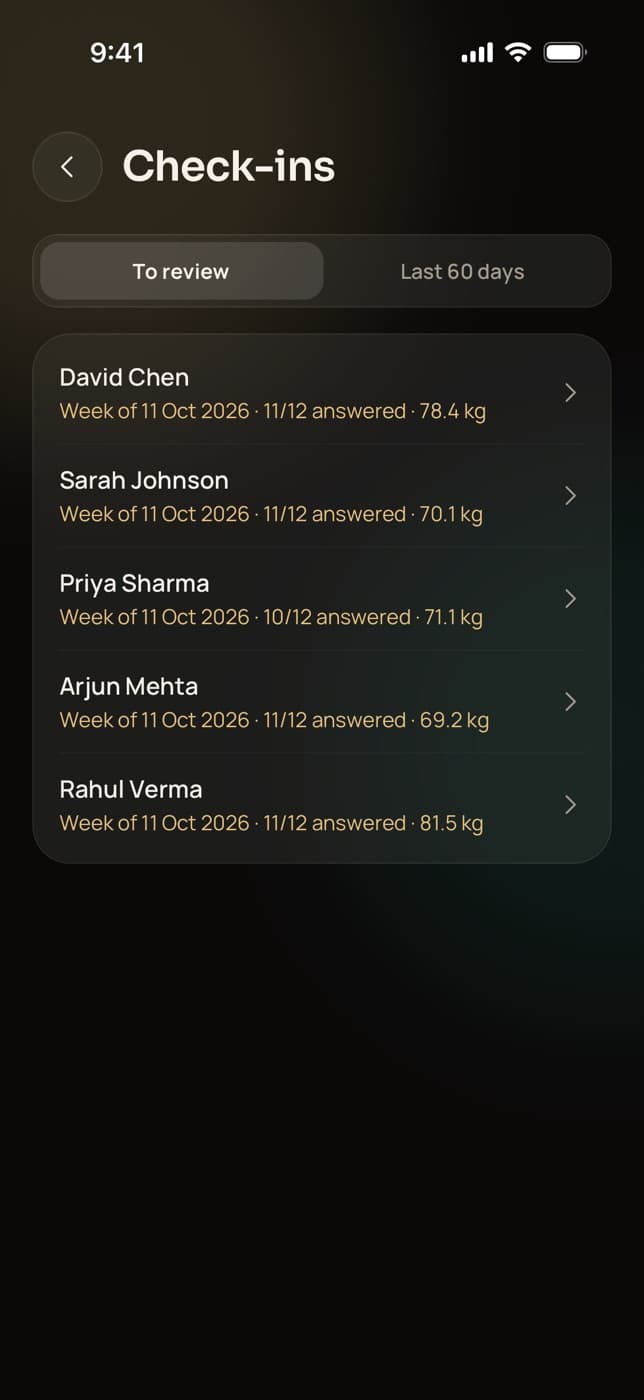 Check-ins to review in Trainaq Coach: five clients' check-ins for the week of 11 Oct, each with the questions answered and their weight
