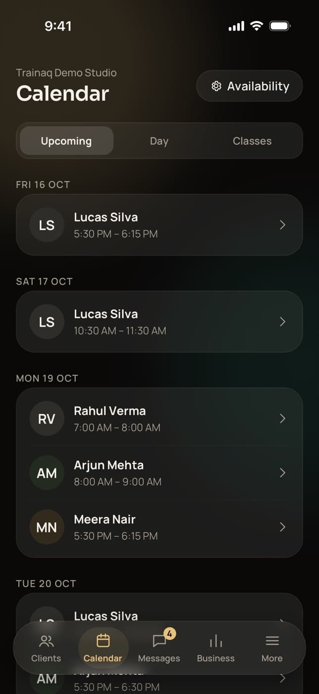 The Trainaq Coach calendar: upcoming 1:1 sessions grouped by day, with Upcoming, Day and Classes tabs and an Availability button