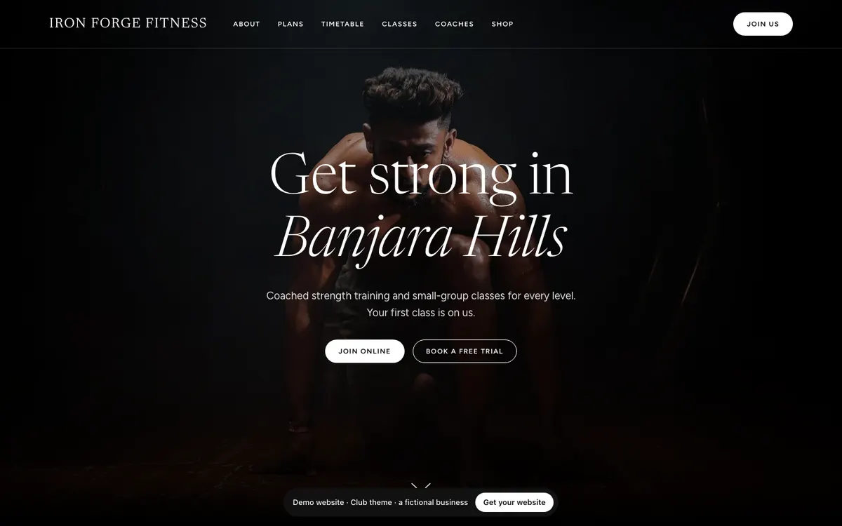 The Club theme on a computer: the demo website of Iron Forge Fitness, a fictional gym