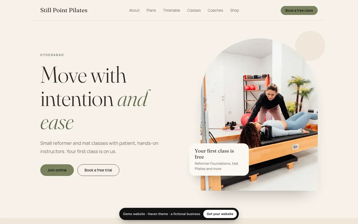 The Haven theme on a computer: the demo website of Still Point Pilates, a fictional Pilates studio