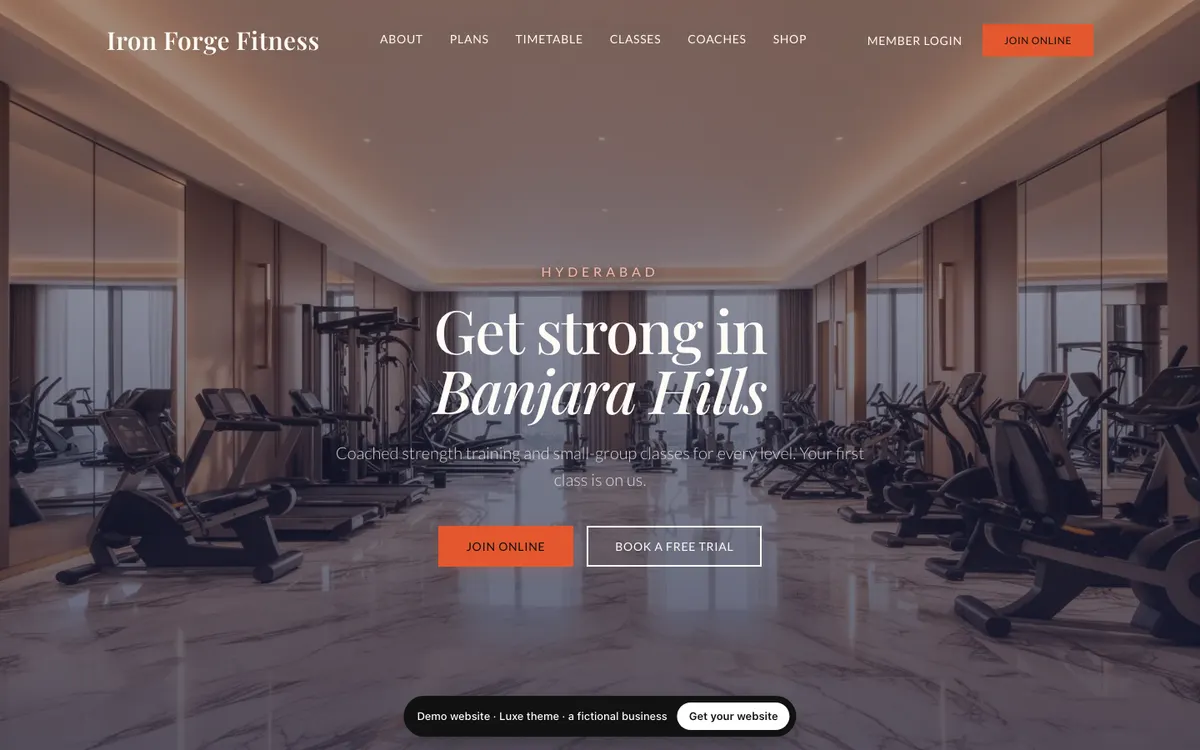 The Luxe theme on a computer: the demo website of Iron Forge Fitness, a fictional gym