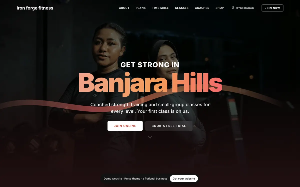 The Pulse theme on a computer: the demo website of Iron Forge Fitness, a fictional gym