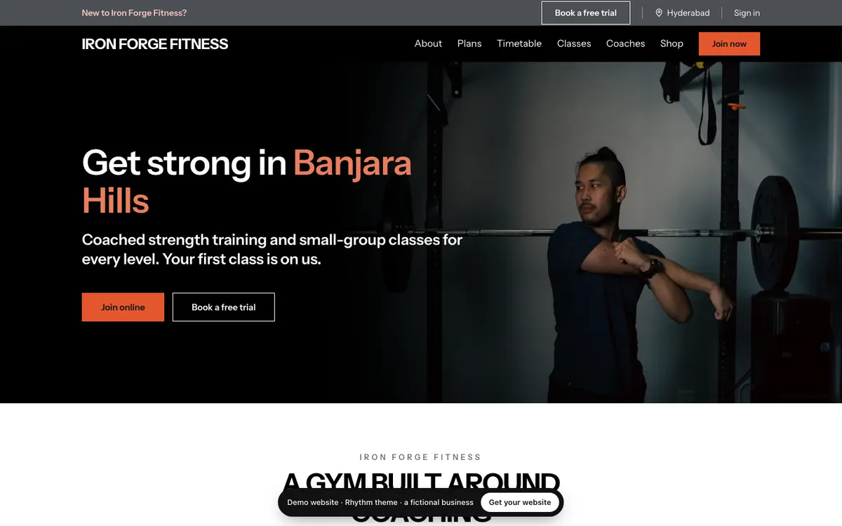 The Rhythm theme on a computer: the demo website of Iron Forge Fitness, a fictional gym