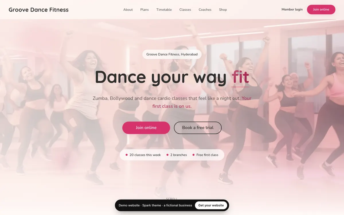 The Spark theme on a computer: the demo website of Groove Dance Fitness, a fictional dance fitness studio