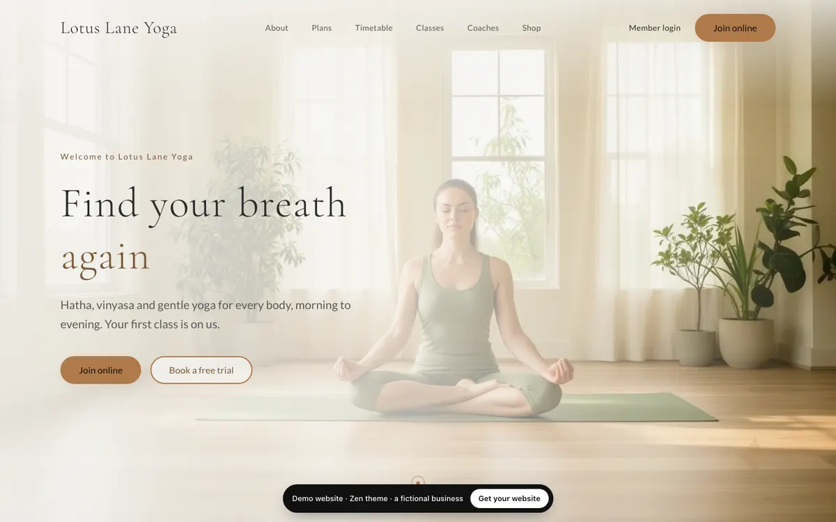 The Zen theme on a computer: the demo website of Lotus Lane Yoga, a fictional yoga studio