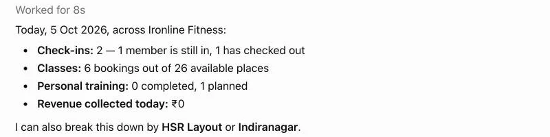 ChatGPT's answer for Ironline Fitness on 5 Oct 2026: 2 check-ins with 1 member still in, 6 bookings out of 26 class places, 1 personal training session planned, and an offer to split the numbers by the HSR Layout or Indiranagar branch.