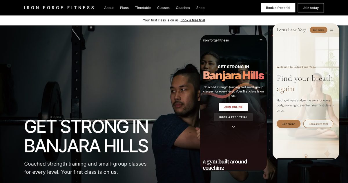 Gym websites made with the MyGymDesk website builder: the Signature theme on a computer and the Pulse and Zen themes on phones (demo sites of fictional businesses)